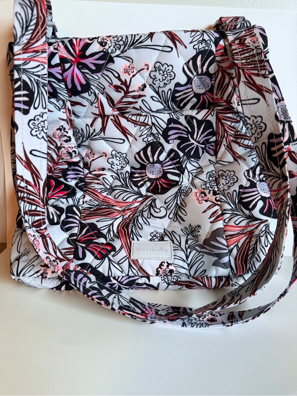 Vera Bradley Quilted Floral Shoulder Bag in White, Black and Pink